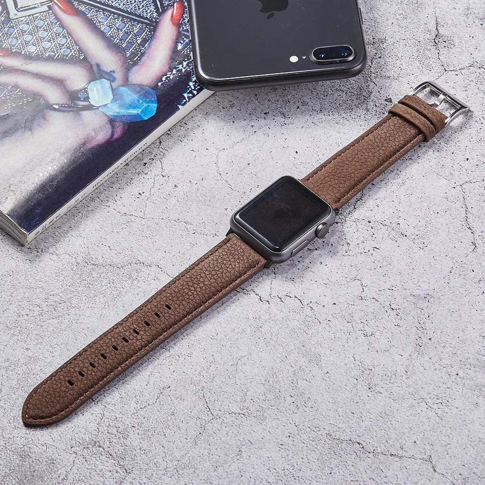 Новый Lychee коричневый Apple Watch ремешок высокого качества из натуральной кожи для