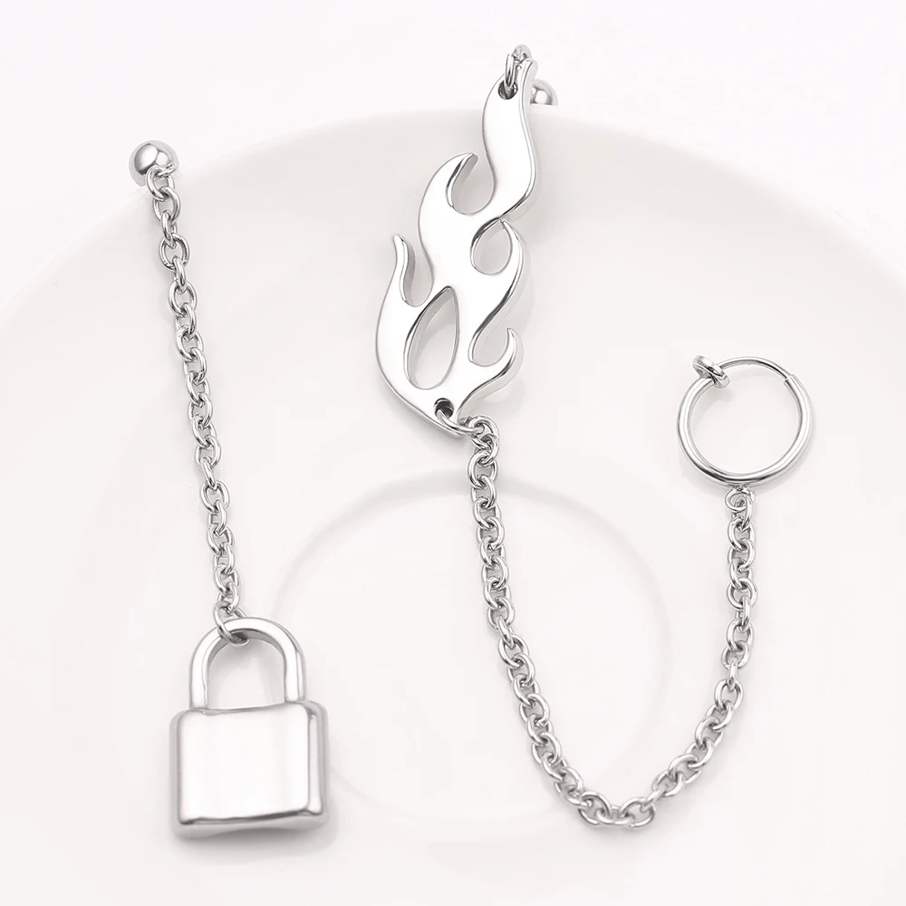 Женские серьги унисекс в стиле панк рок уличные с замком и пламенем Харадзюку