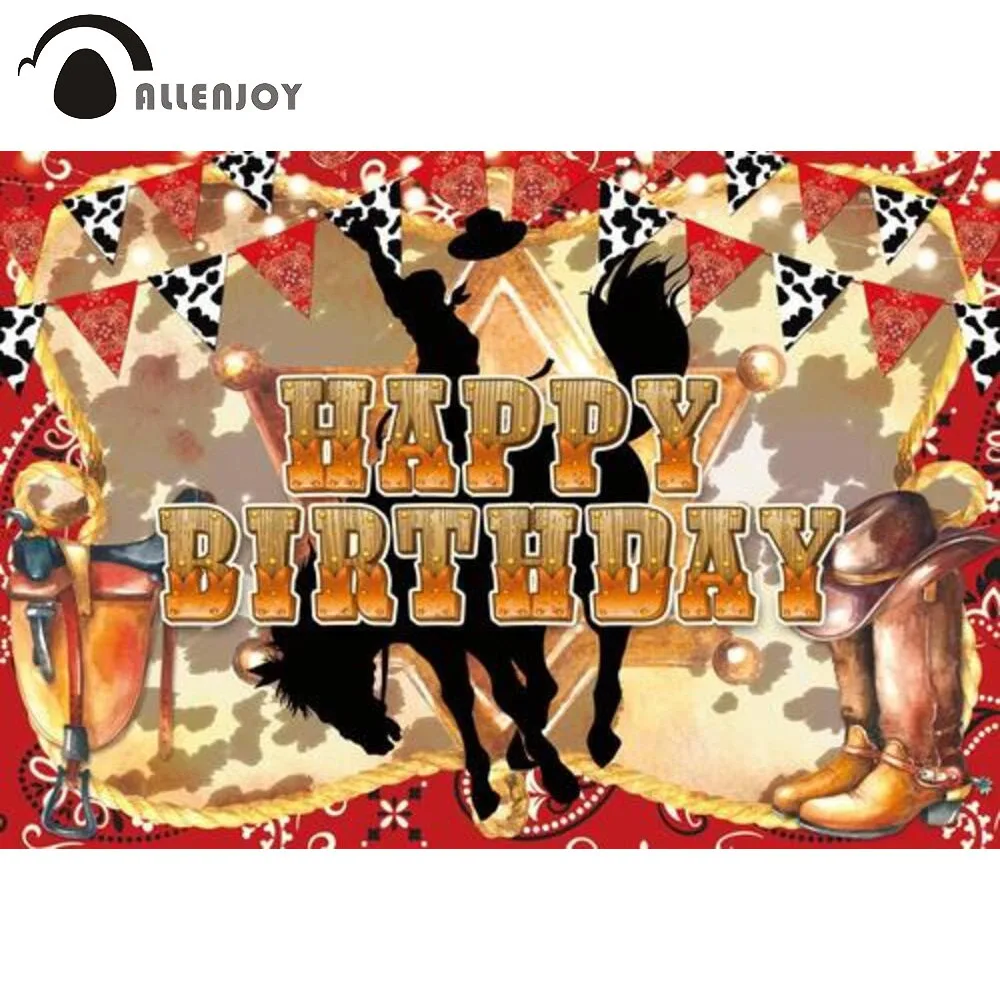 

Allenjoy Western Birthday Backdrop Cowboy West Countryside Boot Hat Boho Party Supplies Banner Photography Background Photo Zone
