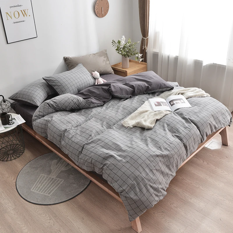 

4 Pieces Gray Grid Bedding Set Luxury Washed Cotton Duvet Cover Solid Color Bedroom Summer Bedspread Flat Bed Sheet Pillowcase