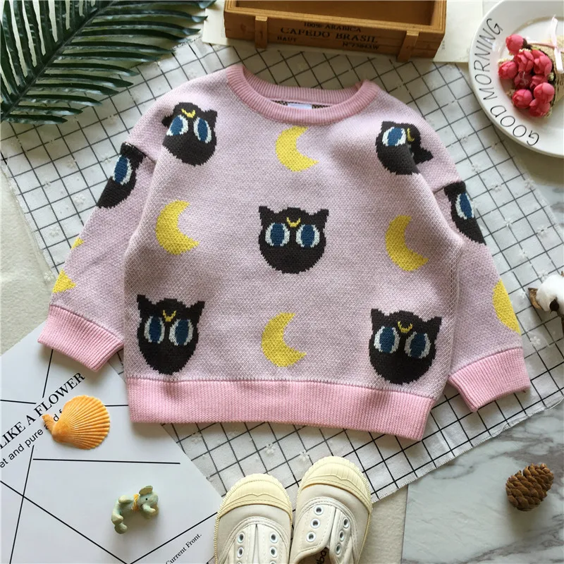 

Tonytaobaby осенне-зимняя одежда, новый стиль, милый свитер для маленьких девочек с рисунком розовой кошки и Луны