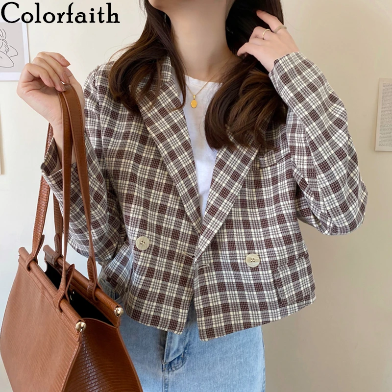 

Colorfaith New 2020 Autumn Winter Women's Blazers Pockets Jackets Checkered Vintage Oversize Lady Wild Plaid Short Tops JK6169