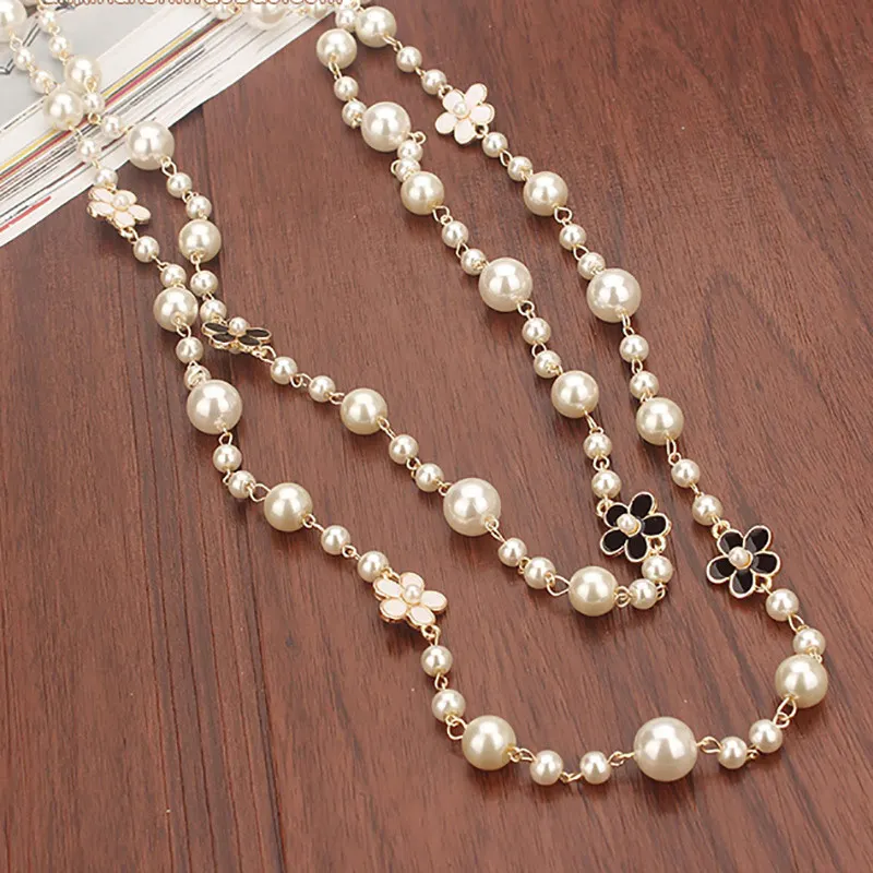 Цепочка-украшение Camellia Flowers Luxury Pearl Sweater Chain Jewelry Collier Femme Party pearl Long Necklace For Women