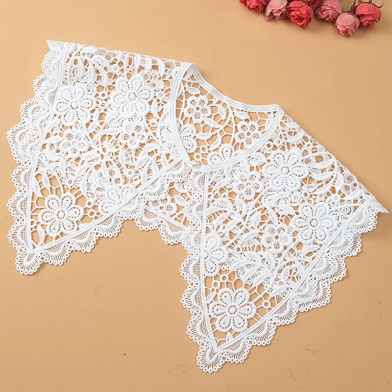 

Korean Style Women Ribbon Bowknot False Fake Collar Double Layer Hollow Out Lapel Big Shawl Wrap Embroidery Trim Elegant