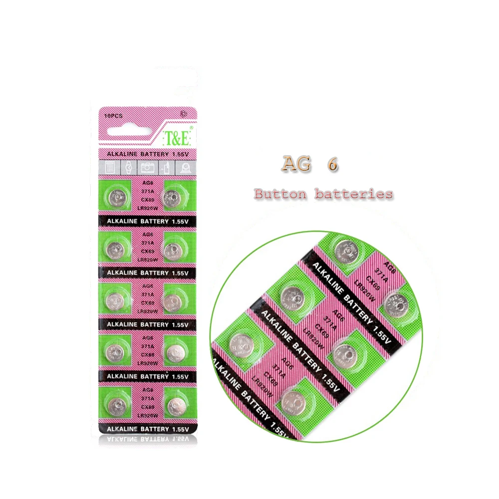 AG6 200 шт = 20 карт 40 мА/ч 1 55 V Щелочная батарейка-кнопка 605 371 D371 SR920SW SR69 плоский круглый