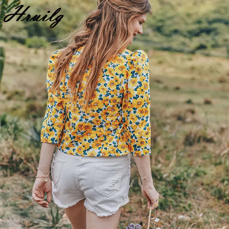 

Women Blouses Sweet Elegant Summer Streetwear Puff Sleeve Party Printing Casual Square Collar Blouses Slim Blouse Women Wild
