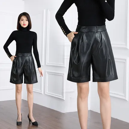 2022 Leather Shorts Women's High Waist Leather Shorts Autumn and Winter New Sheepskin Small Wide Leg Shorts K19