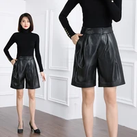 2022 leather shorts womens high waist leather shorts autumn and winter new sheepskin small wide leg shorts k19