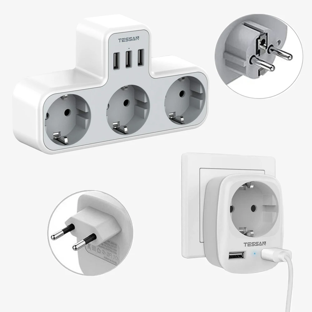 Розетка сетевая TESSAN с 3 USB портами и розетками переменного тока 6 в 1|Вилки