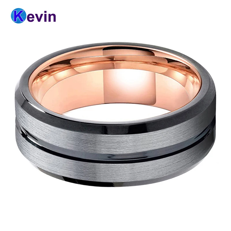 Обручальное кольцо из розового золота черное вольфрамовое для мужчин и женщин с