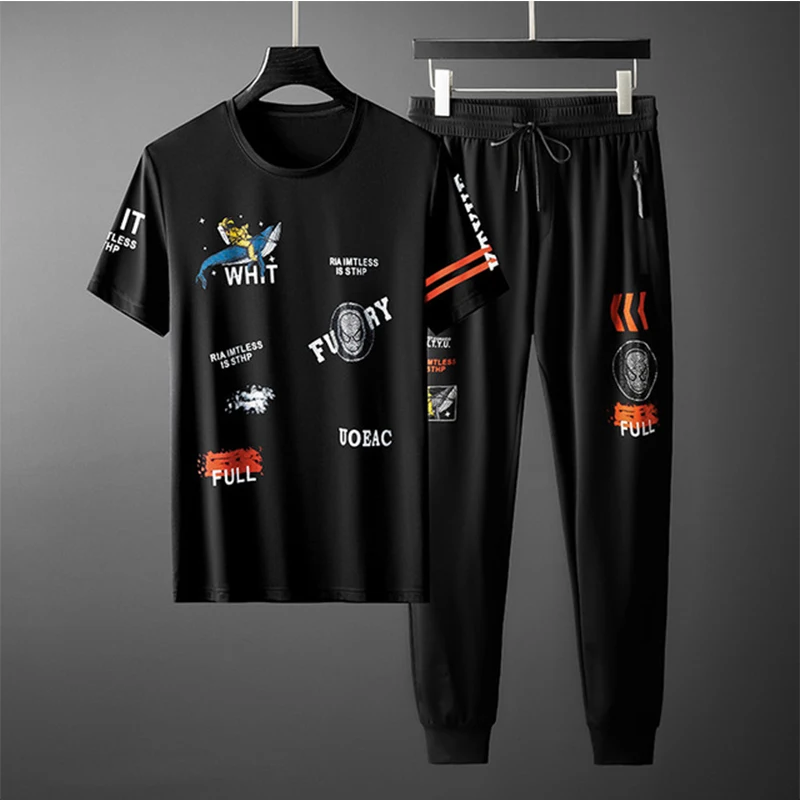 2021 European version of men's sports suit fashion casual short-sleeved T-shirt spring and summer running tooling tide brand