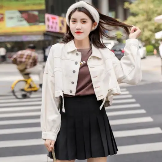 Женская джинсовая куртка с длинным рукавом свободная однобортная бомбер