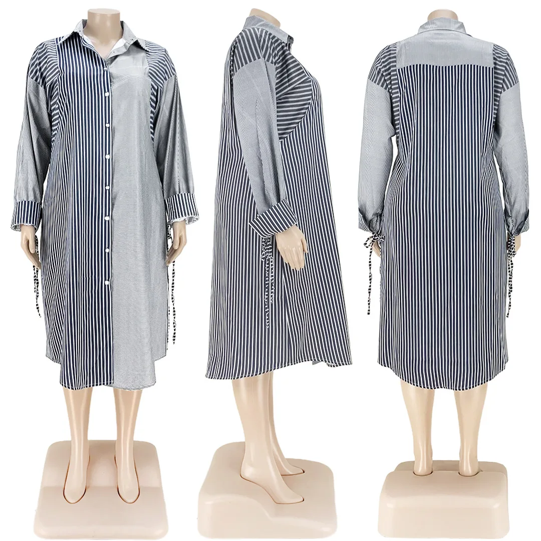 

Large Size Patchwork Fall Clothing Shirt Dress Women 2021 Fashion Streetwear Blue Striped Midi Dresses Office Lady Dropshipping