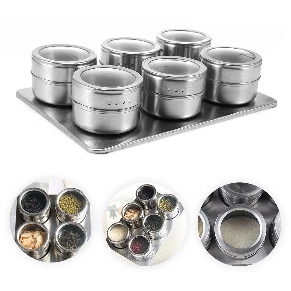 Useful 6pcs Stainless Steel Magnetic Seasoning Pot Cruet Condiments Spice Rack Pots Set For Pepper Shakers Kitchen Tools | Дом и сад