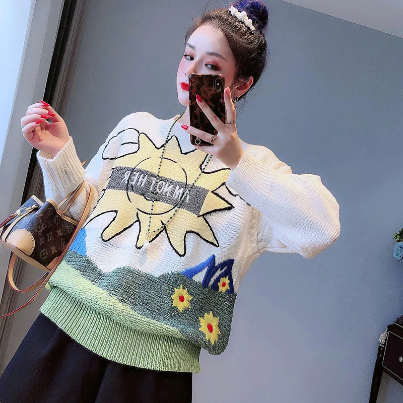 Женский вязаный Свитер оверсайз толстый свитер контрастных цветов с вышивкой