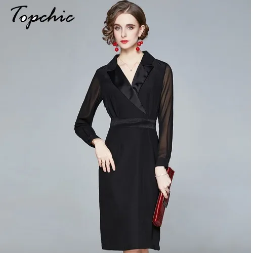 

Spring Autumn Ladies Elegant Turn-down Collar Long Sleeve Midi Office Dress 2021 Runway Designers Sexy Black Blazer Dress Women