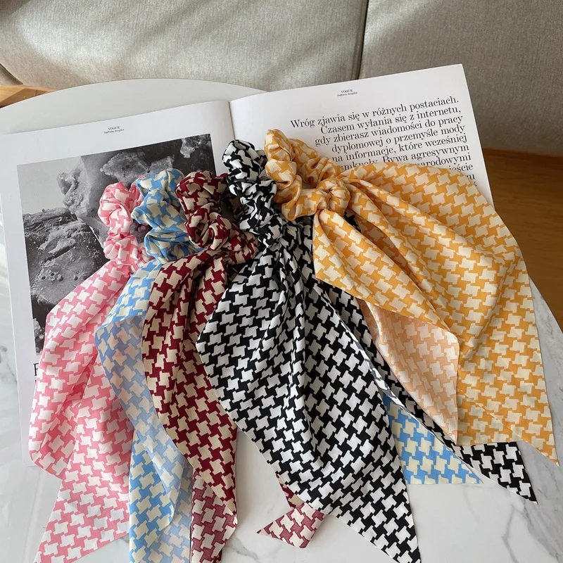 

New arrival Fashion women chiffion Houndstooth DIY bow Hair bands hair scrunchies girl's hair Tie scarf Ponytail Holder