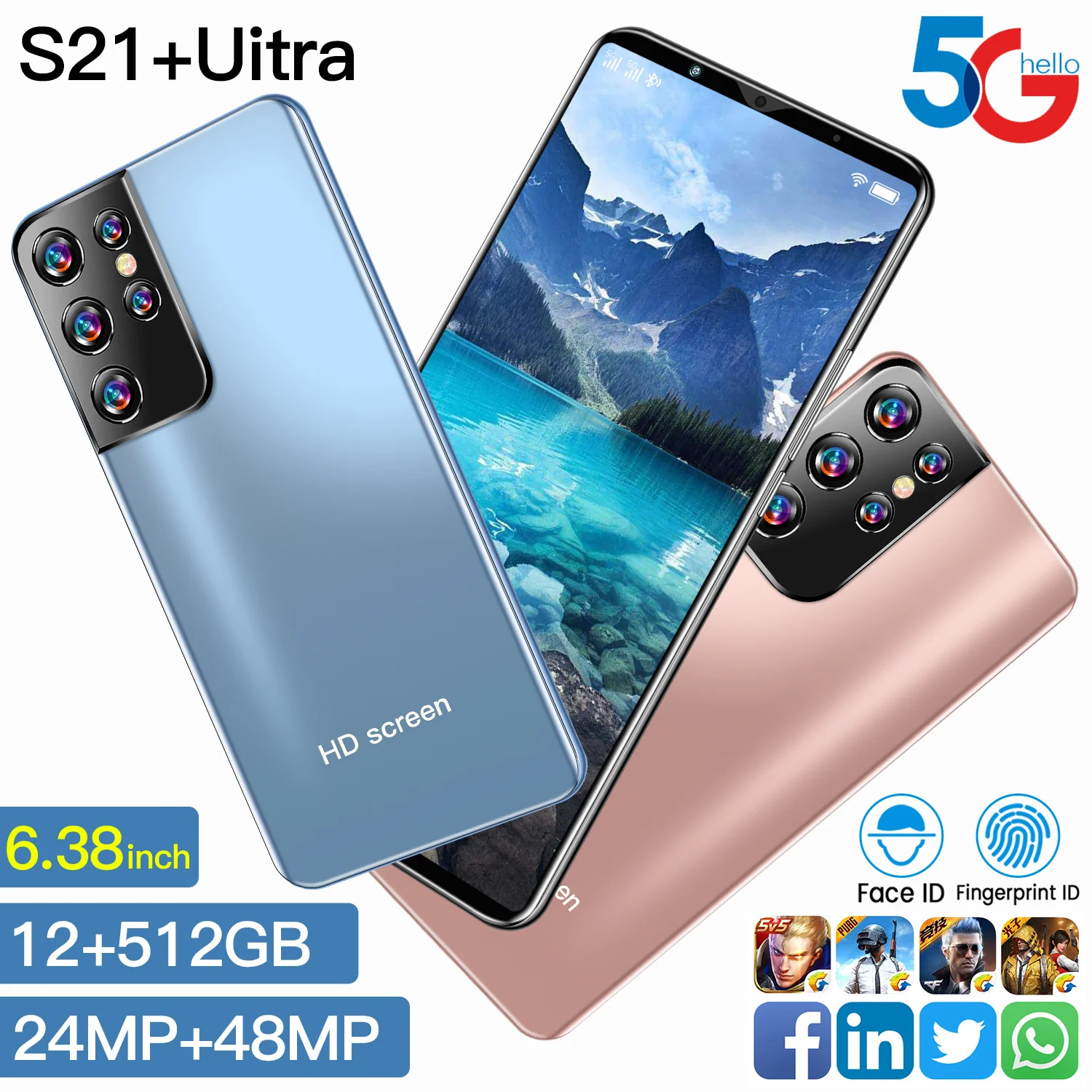 

S20 Ultra Strong 10Core Processer 6.38Inch Full Screen MT6889 Global 5G 12+512GB 5000MAH Battery 24+48MP Finger Face ID Dual SIM