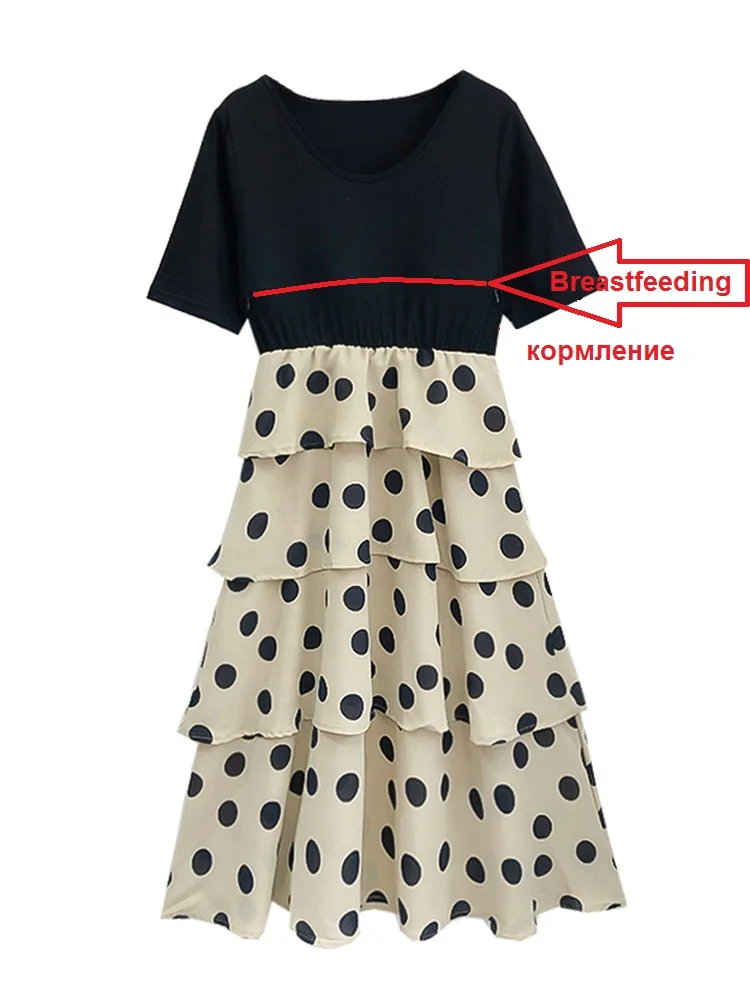 Модное платье для кормящих мам Одежда беременных в черный горошек грудного