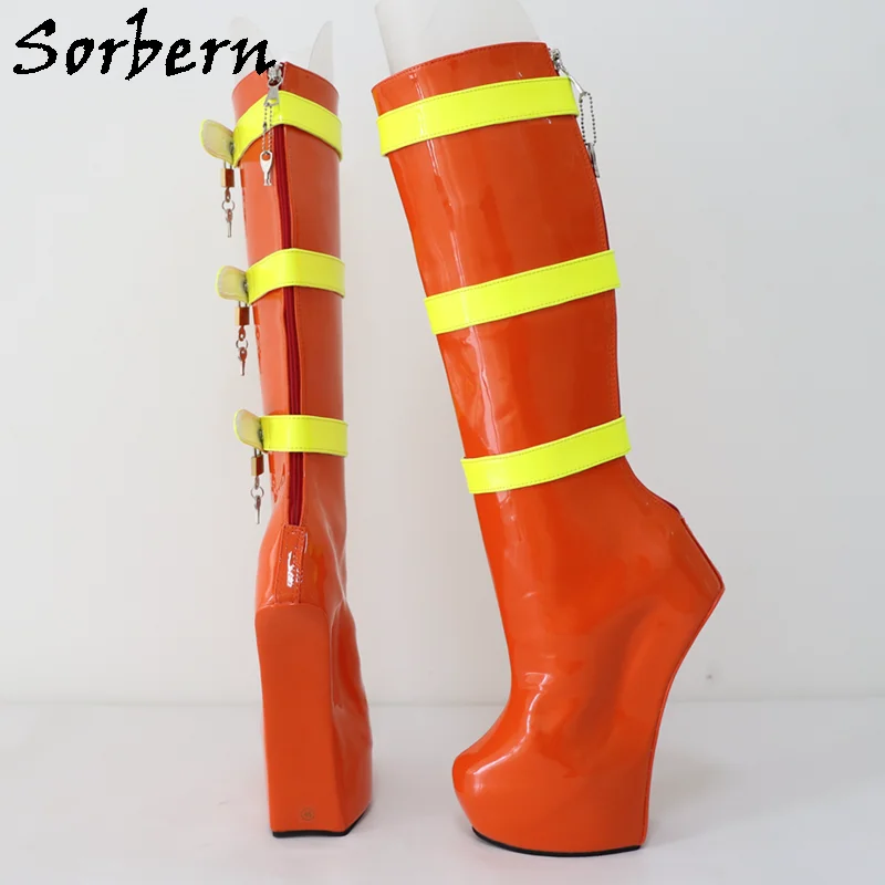 Sorbern Purple Custom Wide Calf Boots Women Red Straps Lockable Keys Sexy Fetish Boots Bdsm High Heel Womens Ladies Boots