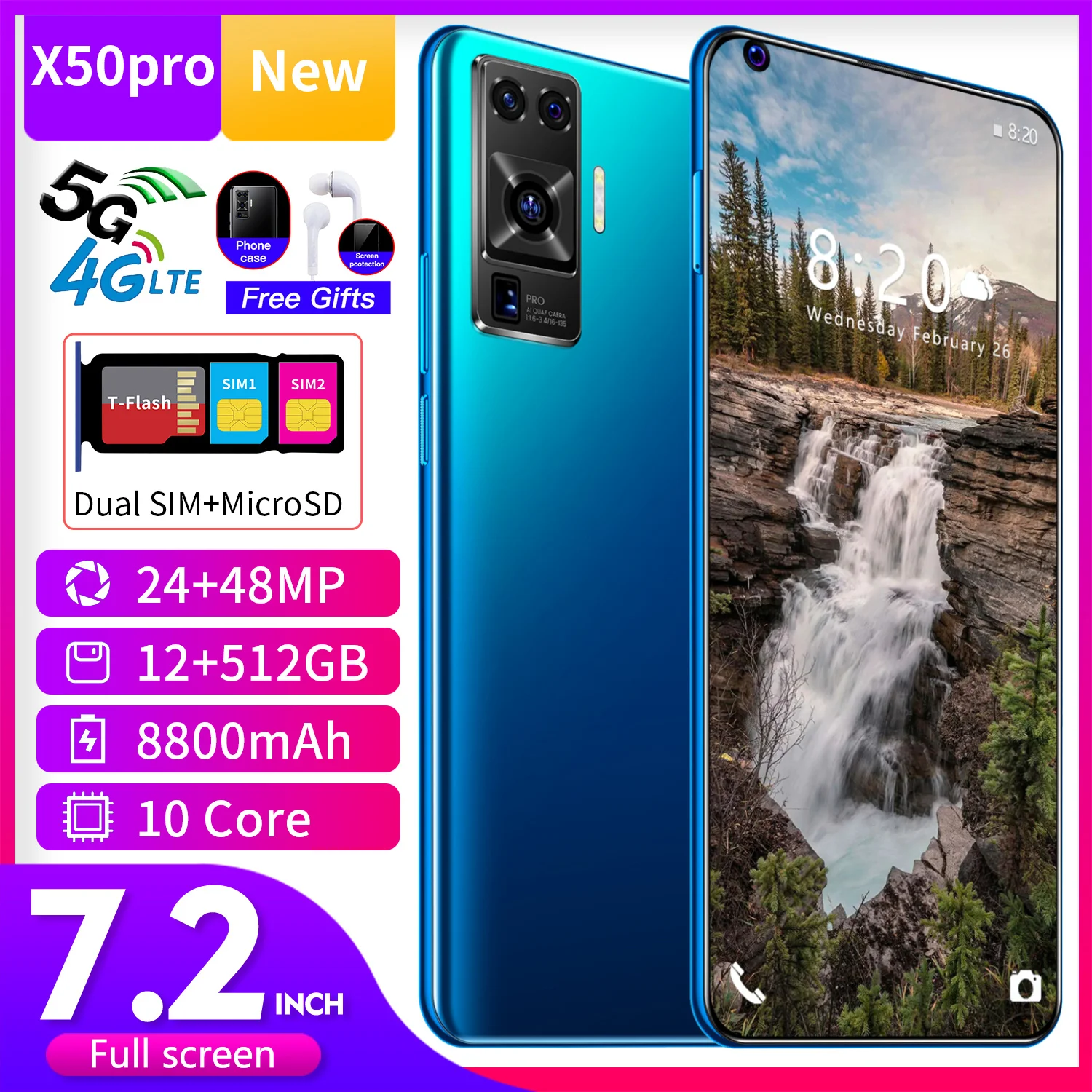 

7,2 дюймов 4G/5G X50 Pro + распознавание смартфон, украшенное мозаикой из драгоценных камней, 12 + 512 большой объем памяти Android мобильный телефон с дву...