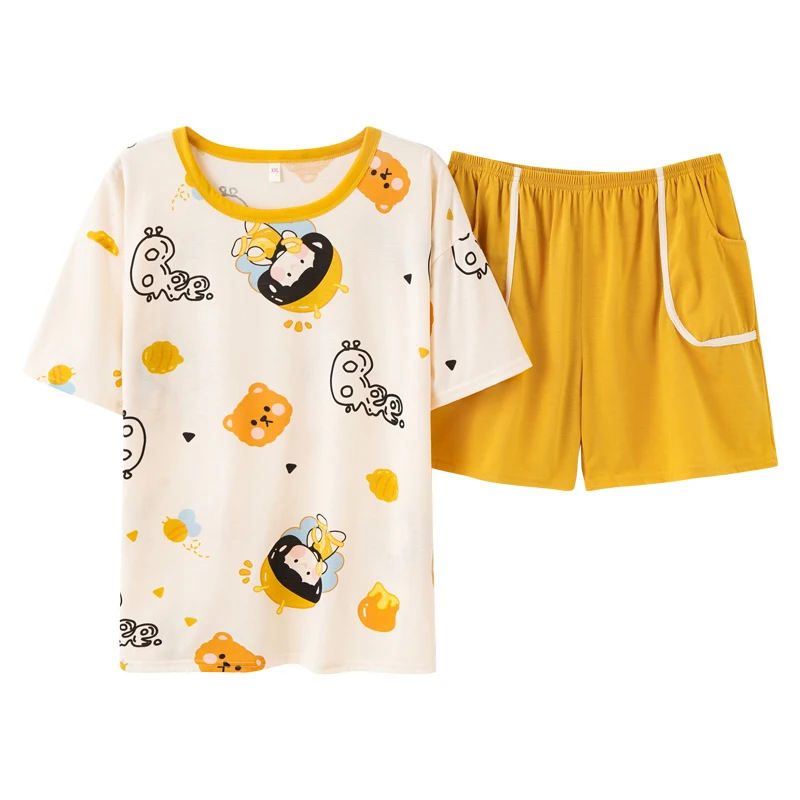 

Cotton Plus Size Homewear Playful Cute Yellow Women Pajamas Set Summer Trendy Korean Cartoon Sweet Giels Short Sleeve Sleepwear