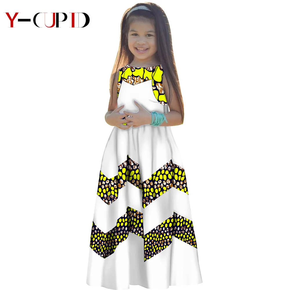 

African Clothes for Kids Bazin Riche Lovely Baby Girls Wave Patchwork Ankara Print Long Dresses Children Party Clothing YS204016