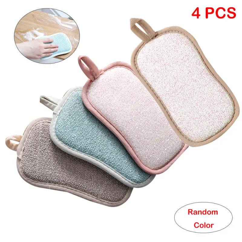 

4pcs Double Side Kitchen Dishwashing Thickened Sponges Fiber Flannel Kitchen Scouring Cloth