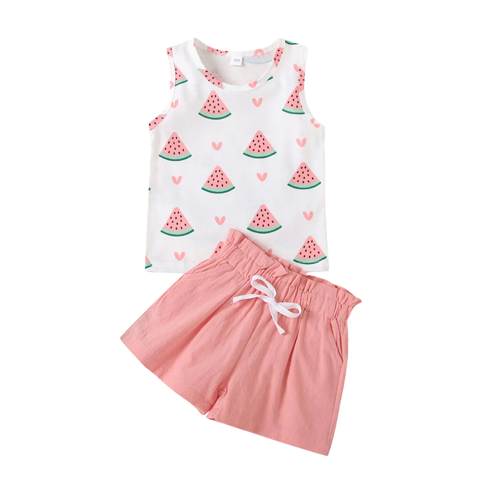 

Baby Girls Summer Clothes Sleeveless Cartoon Fruit Print T-Shirt + Elastic Shorts 2PCS Outfits Set 1-3Years