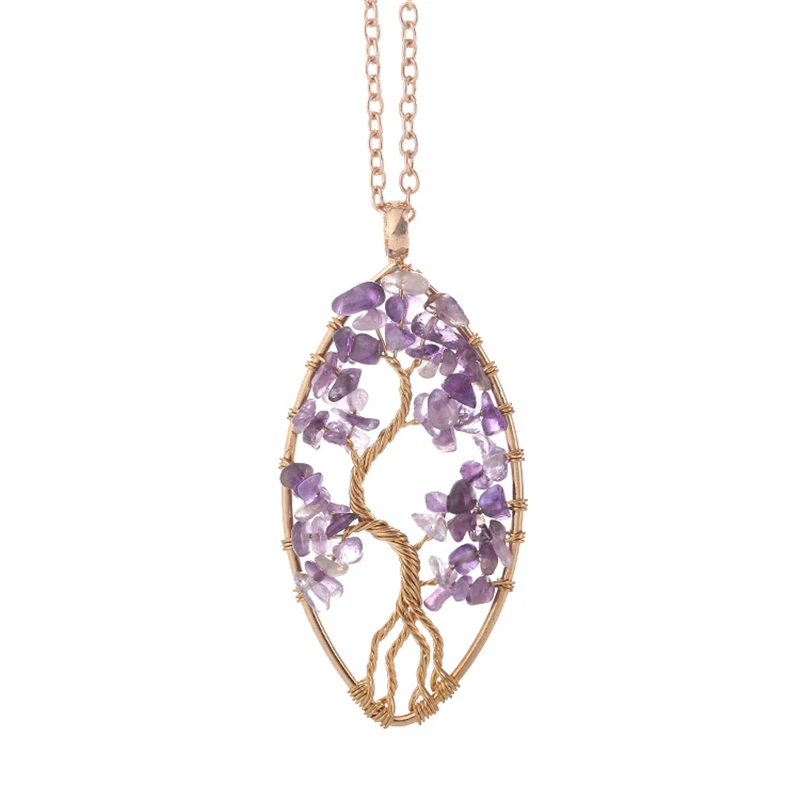 Женский ожерелье из множества натуральных камней с оправой дерево жизни, аметиста и кварцевыми чипами, символизирующими 8 чакр радуги мудрости.