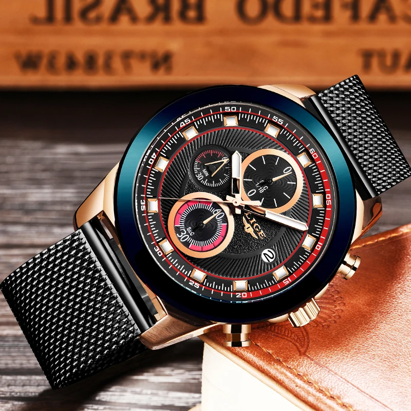 Часы наручные LIGE мужские с хронографом роскошные Брендовые спортивные