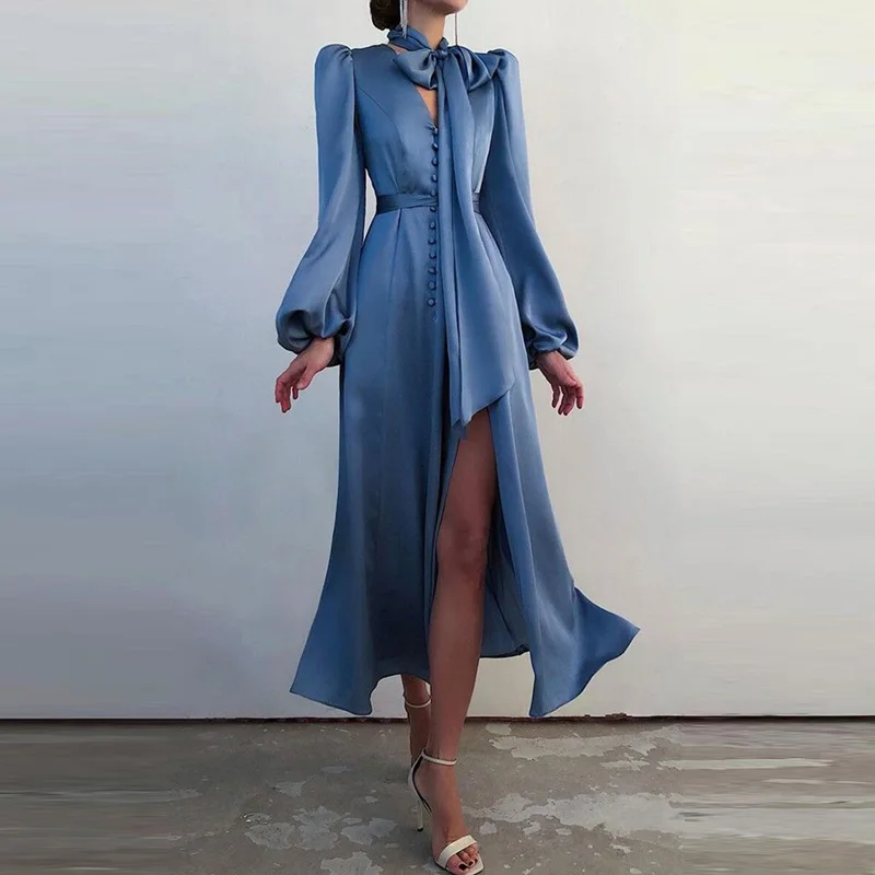 

Spring Elegant Button Lantern Sleeve Party Dress Sexy Deep V-Neck Women Split Long Dress Summer Office Lady Bowknot Satin Dress