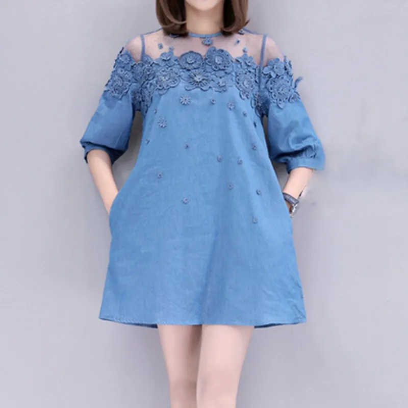 New Patchwork Bead Transparent Mesh Shirt Denim Dress Fall Summer Women Plus Size Short Blue Loose Jeans | Женская одежда