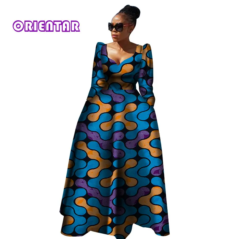 Женская африканская одежда Bazin Riche Robe Africaine, Африканское платье, Осеннее женское длинное платье больших размеров из чистого хлопка WY2849 - Цвет: 3