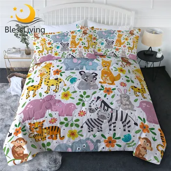 BlessLiving Animal Summer Quilt Set Cartoon Kids Bedding 3pcs Funny Bedspreads Zebra Kangaroo Tiger Comfortable Couette De Lit 1
