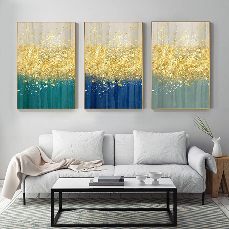 

Minimalist Abstract Bright Gold Tree Drop Green Poster Painting Modern Canvas Art Print Wall Art Pictures for Living Room Decor