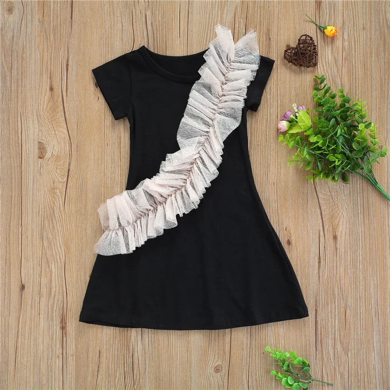 

Children Girls Mesh-joint Midi Dress,Short Sleeve Round Collar A-line Dress for Summer
