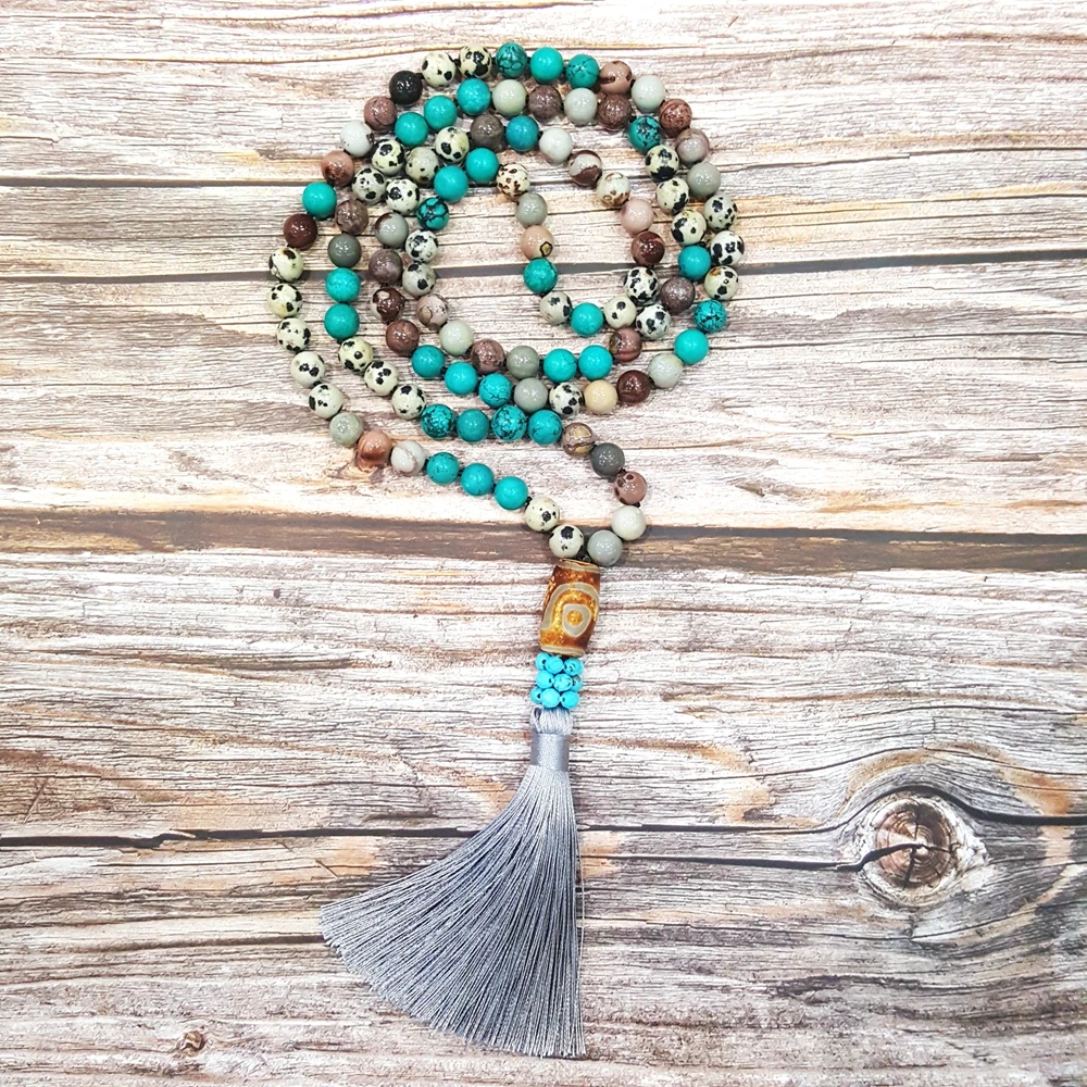 

Lii Ji 8mm Multi Jasper Dalmatian Stone Turquoise DZI Pendant Tassel Bohemia Long Hand Made Mala Necklace Drop Shipping