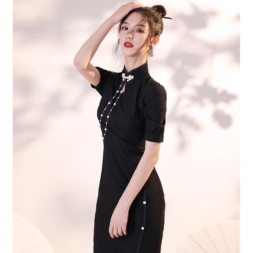 

Cheongsam Chinese Traditional Retro Women Dress Short Sleeve Clothes Sexy Buttons Slit Dresses Fashion Elegant Lady Party Qipao