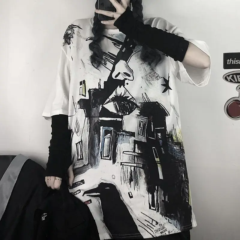 

2021summer women's fashion short-sleeved top clothes female Harajuku loose graffiti hip-hop bf wind t-shirt girl bottoming shirt