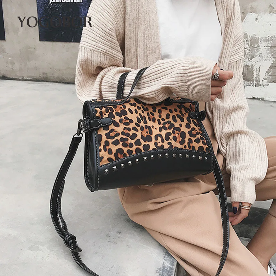 Леопардовая Сумка-тоут женская сумка через плечо с заклепками Лоскутная новая