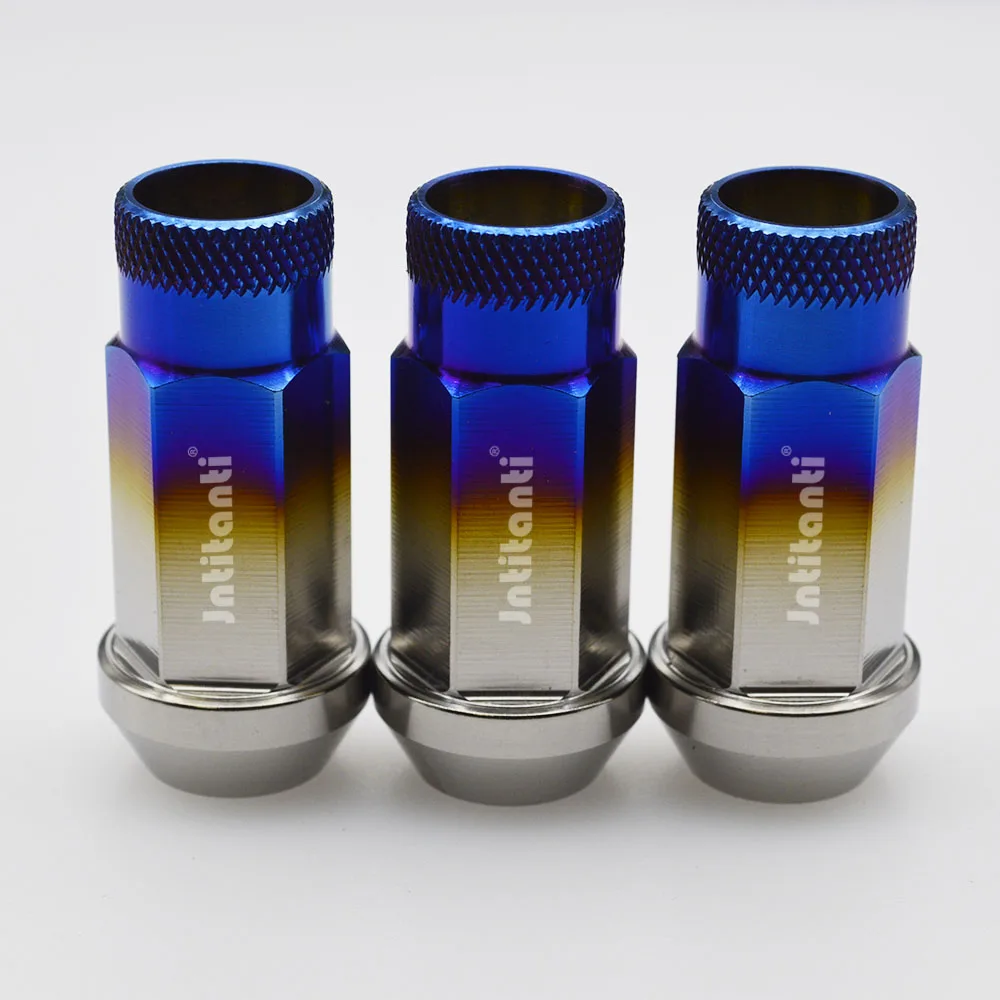 

High performance strong blue color 60 degree cone seat open end Gr.5 titanium alloy lug nut M12*1.5*48mm with knurl
