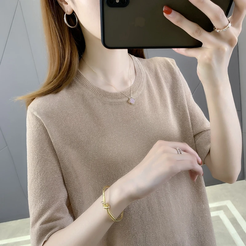 

9894 make gold silk linen sets round collar knitting short-sleeved 30