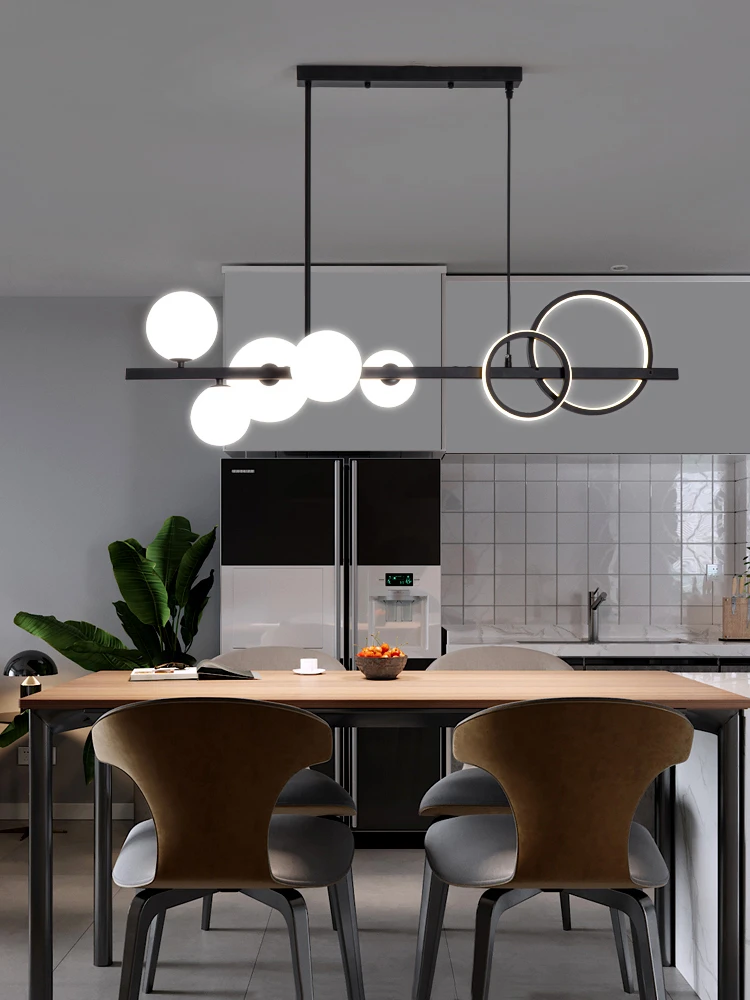Candelabro de estilo nórdico con forma de isla para comedor, bola de cristal para iluminación, luces LED colgantes, color negro, moderno, Decoración de cocina
