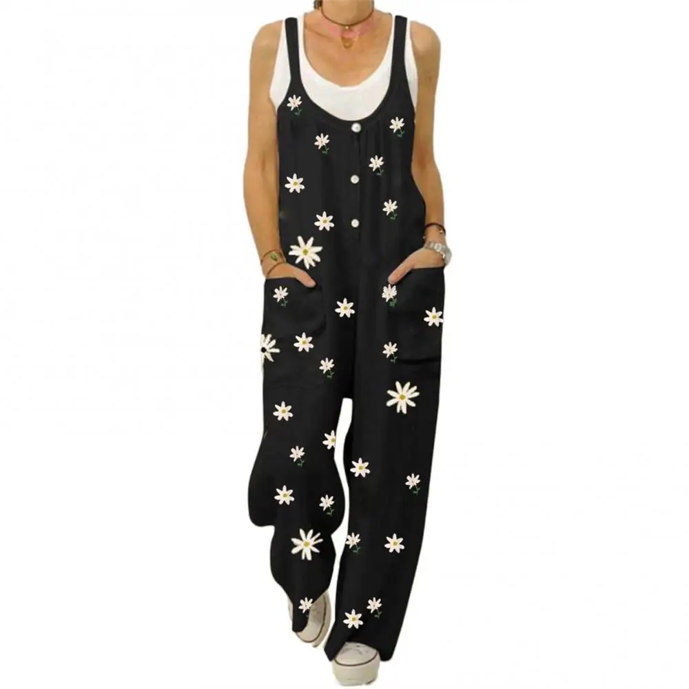 

40% популярный женский Стильный комбинезон на пуговицах без рукавов с принтом Marguerite с карманами комбинезон