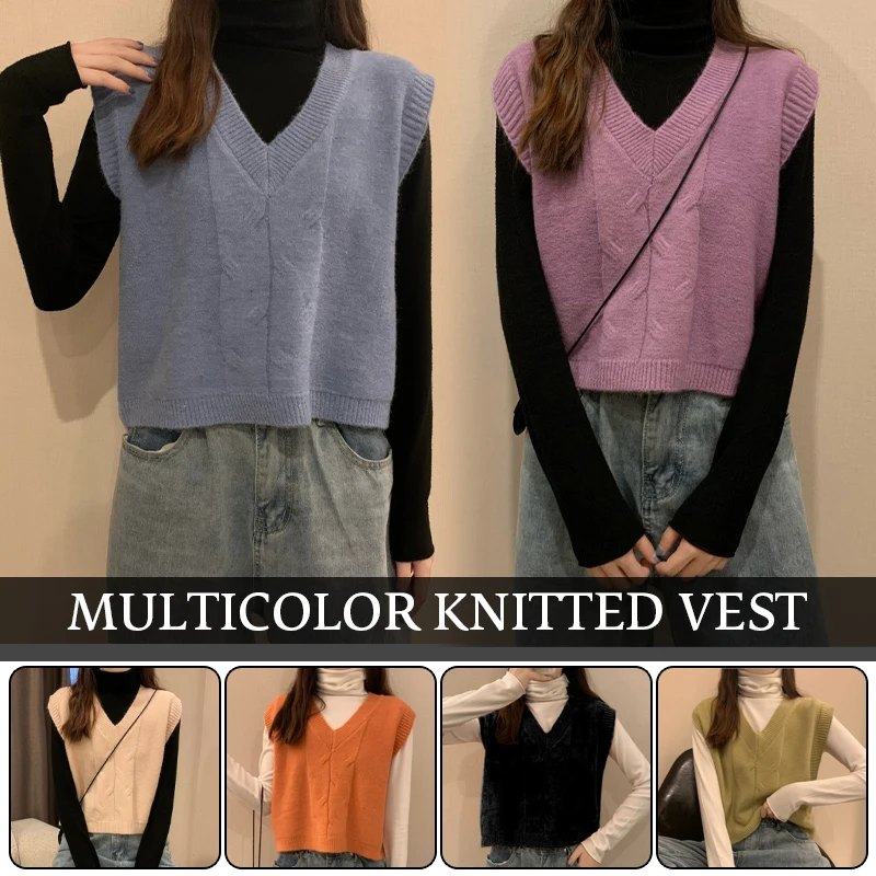 

Women Korean Style Student Sleeveless Knitted V-Neck Autumn Sweater Vest Female Coats Simple Outwear Pullover Tops