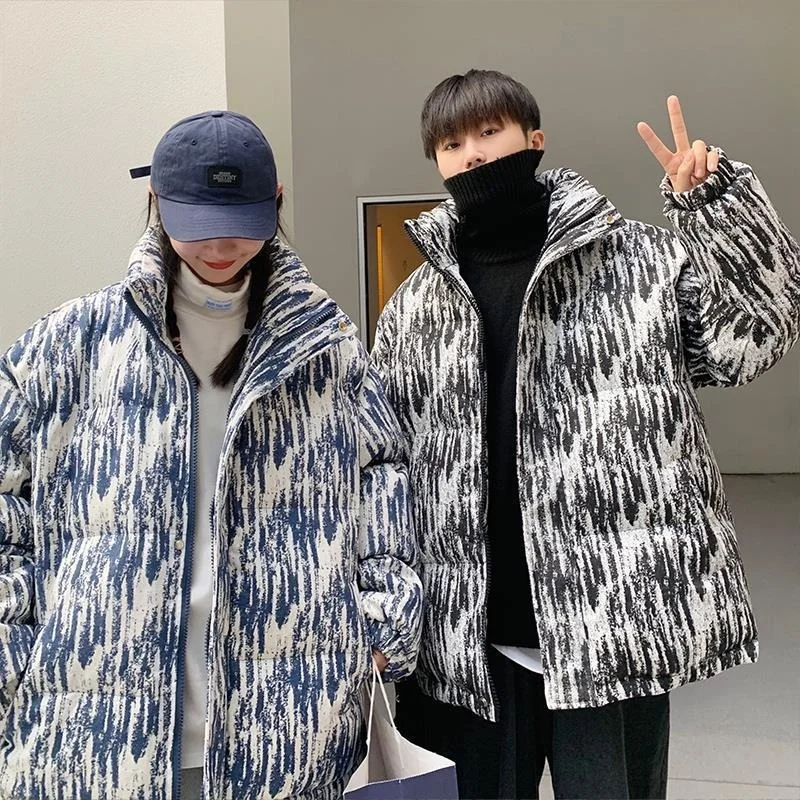 Casual Simple Autumn and Winter New Loose Fashion Trend Cardigan Striped Printed Down Jacket Plus Velvet Thick Warm Down Jacket