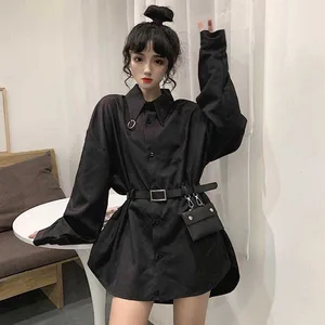 Блузка NiceMix размера плюс в Корейском стиле Харадзюку, женская одежда, длинные топы, модная женская рубашка на весну-осень, Черные блузки