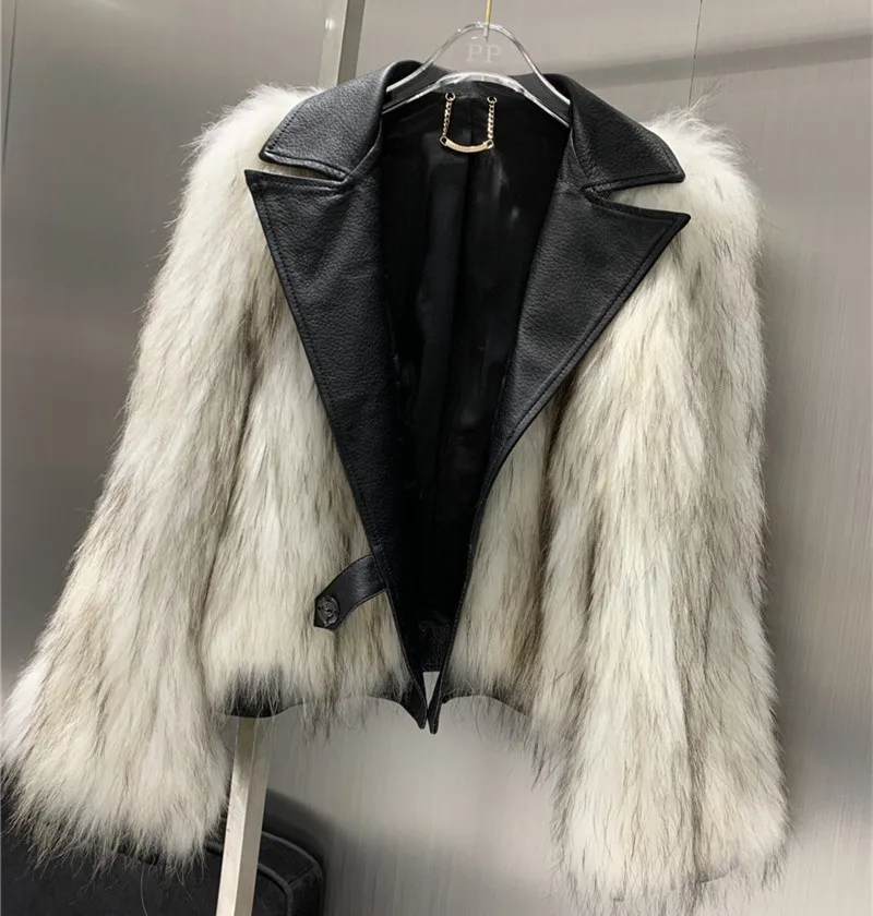 

Brand Winter Jacket Women 2022 new fashion sheepskin collar real raccoon fur Motorcycle jacket female
