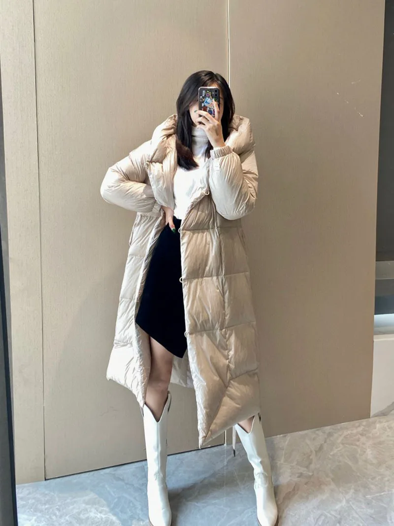 90% White Duck Down Padded Lightweight Down Jacket Women Over The Knee Long Hooded Duck Down Loose Winter Coat